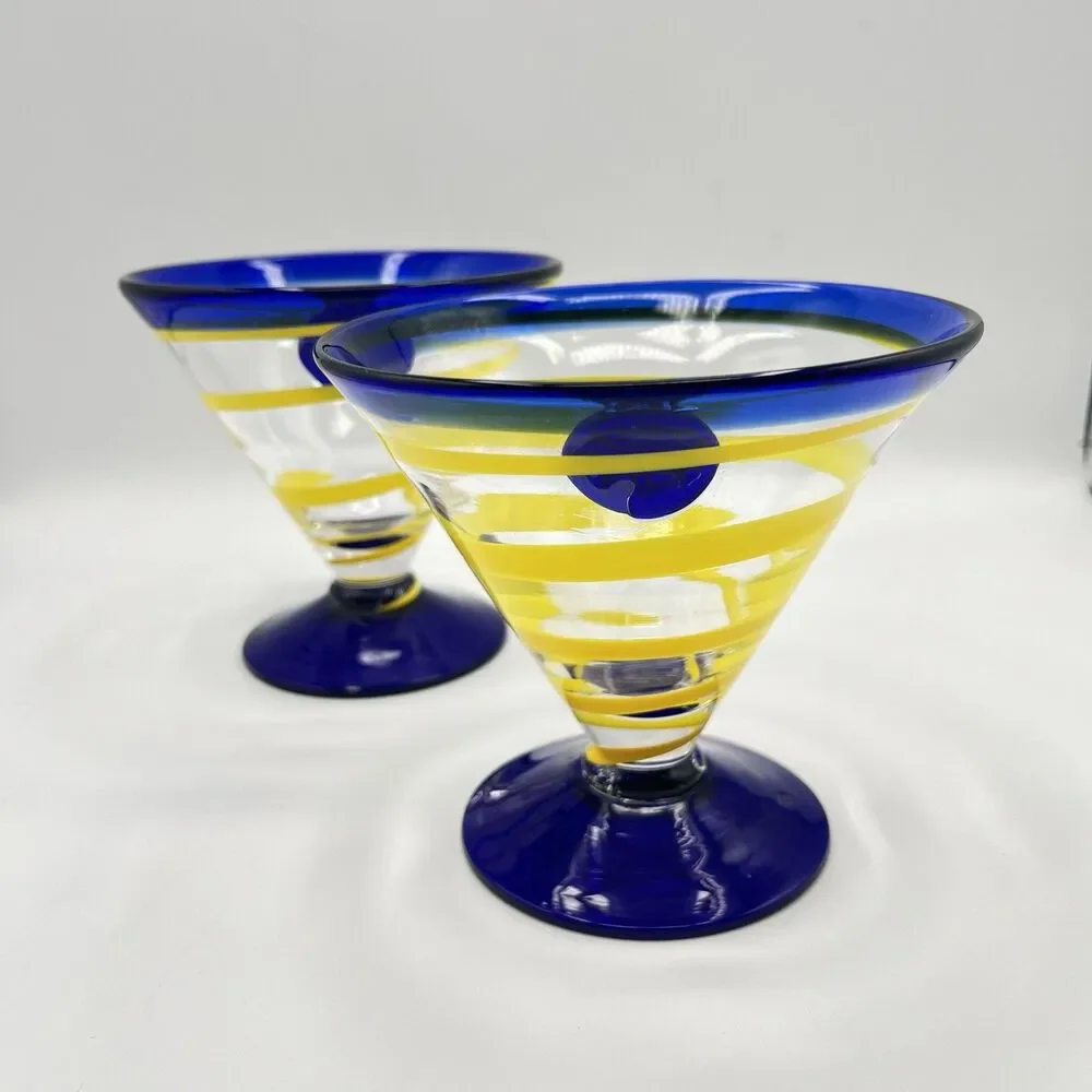 Kosta Boda Martini Margarita Glasses Cobalt Blue Yellow Swirl - Set 2